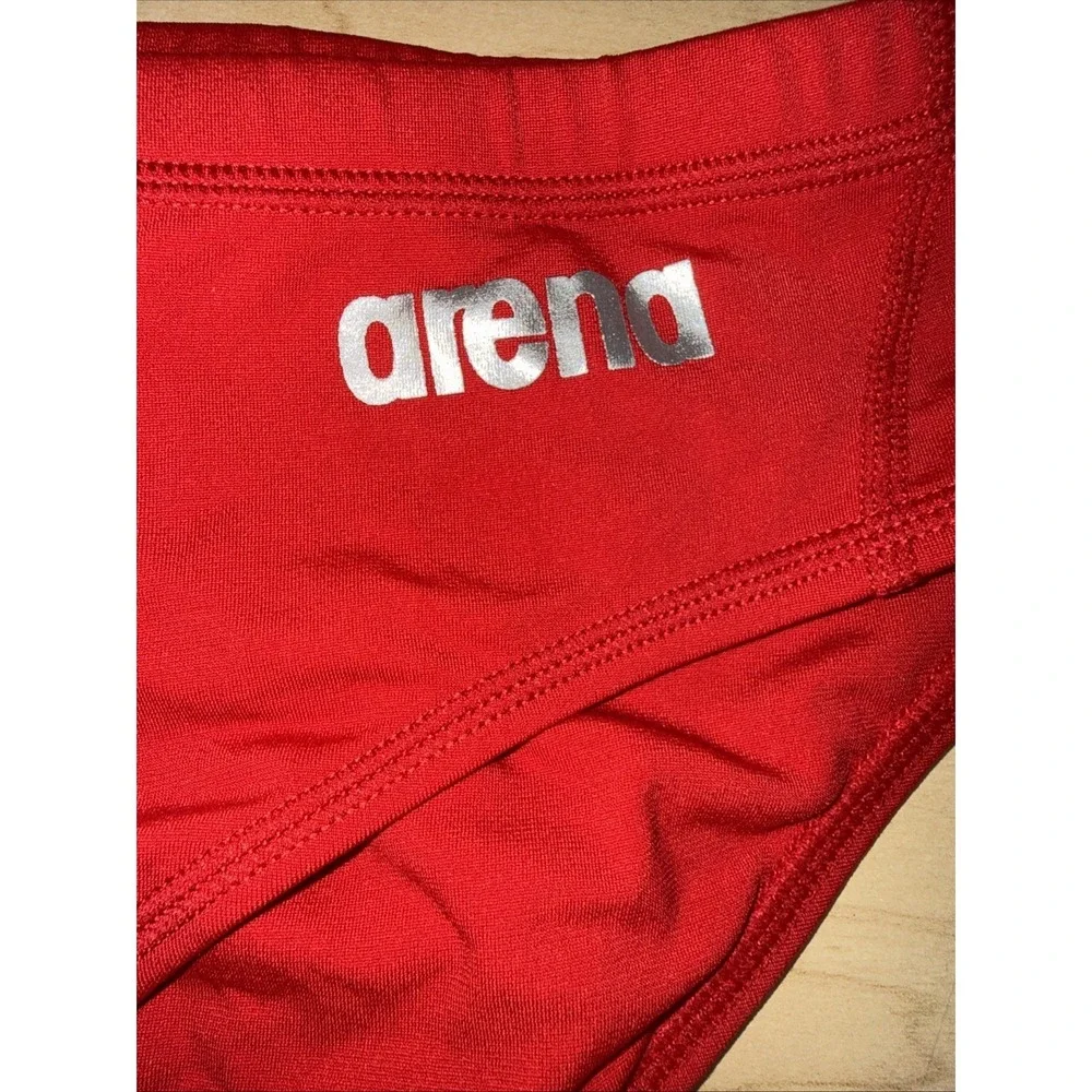 ARENA Men's BRIEF SWIMSUIT Sz 40 Red METALLIC SILVER Letters space F